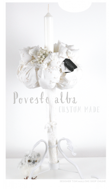 Lumanare de botez cu dantela alba, 65x4cm,  Poveste alba  5